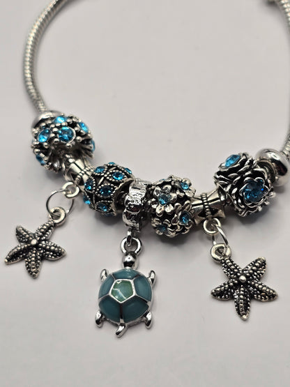 Ocean Themed Charm Bracelet - Sea Turtle and Starfish charms