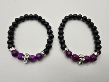 Mens purple beaded skull bracelet - Elastic fit 7" bracelet
