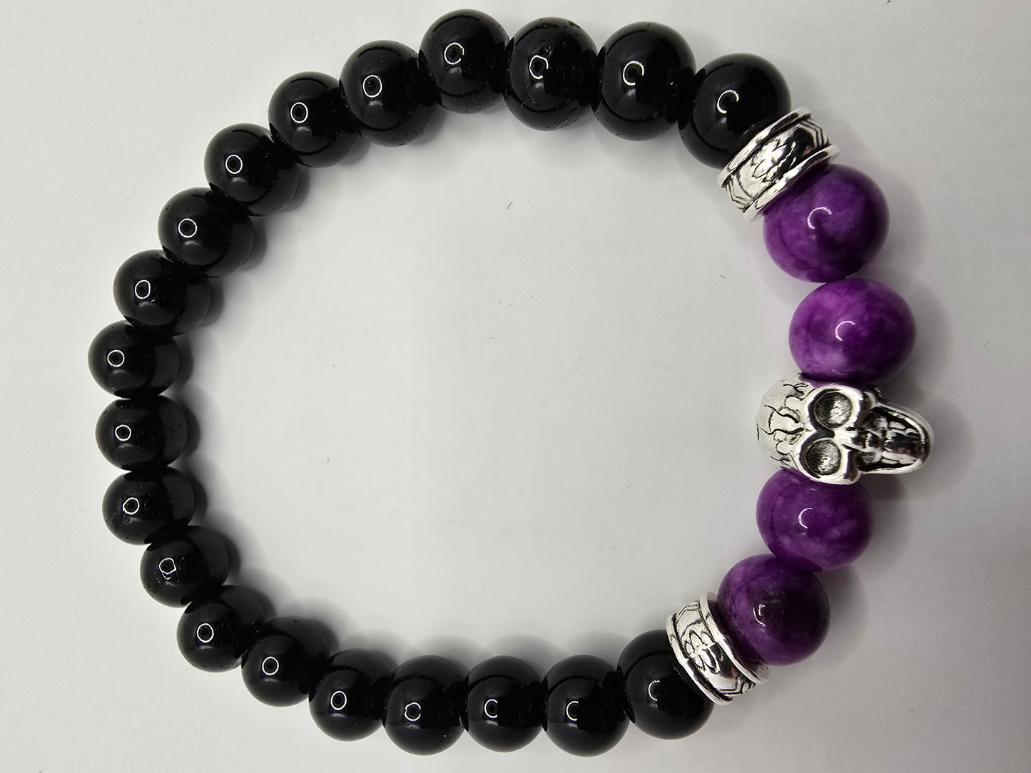 Mens purple beaded skull bracelet - Elastic fit 7" bracelet