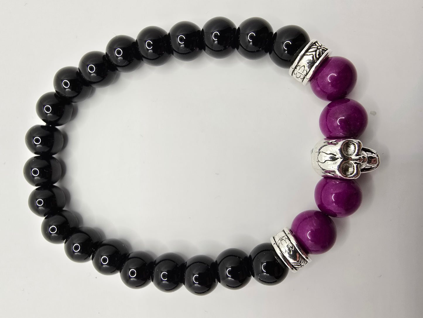 Mens purple beaded skull bracelet - Elastic fit 7" bracelet