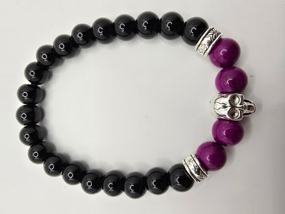 Mens purple beaded skull bracelet - Elastic fit 7" bracelet