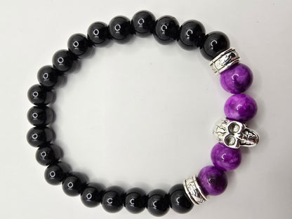 Mens purple beaded skull bracelet - Elastic fit 7" bracelet