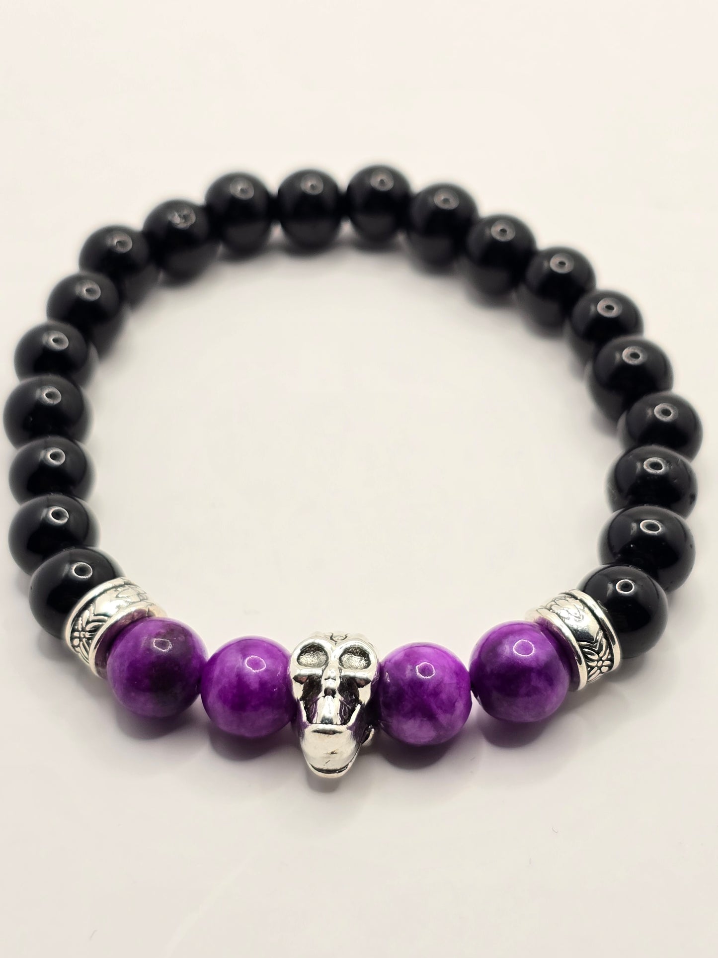 Mens purple beaded skull bracelet - Elastic fit 7" bracelet