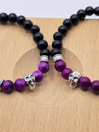 Mens purple beaded skull bracelet - Elastic fit 7" bracelet