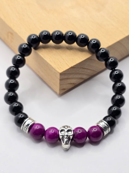 Mens purple beaded skull bracelet - Elastic fit 7" bracelet
