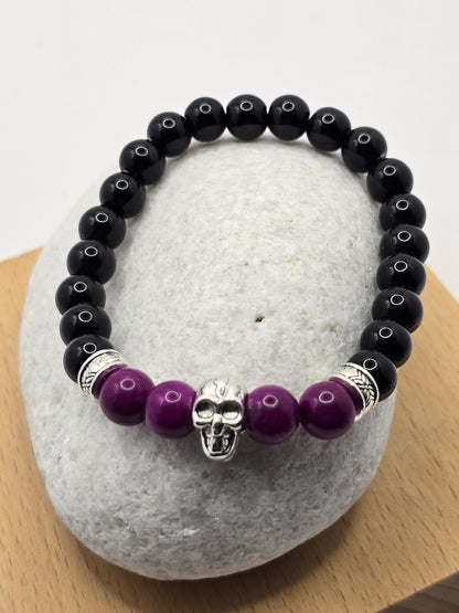 Mens purple beaded skull bracelet - Elastic fit 7" bracelet