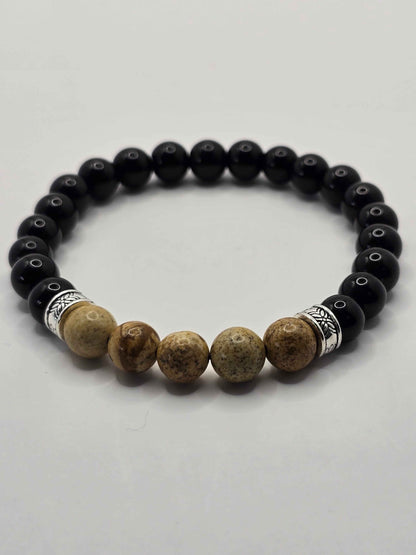 Men's Boho elastic beaded bracelet - Black and natural wood effect colours