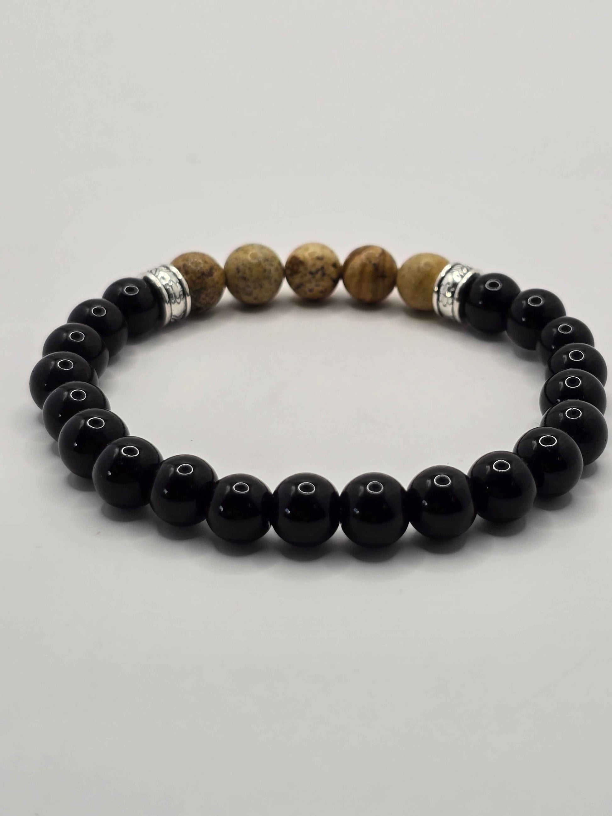 Men's Boho elastic beaded bracelet - Black and natural wood effect colours