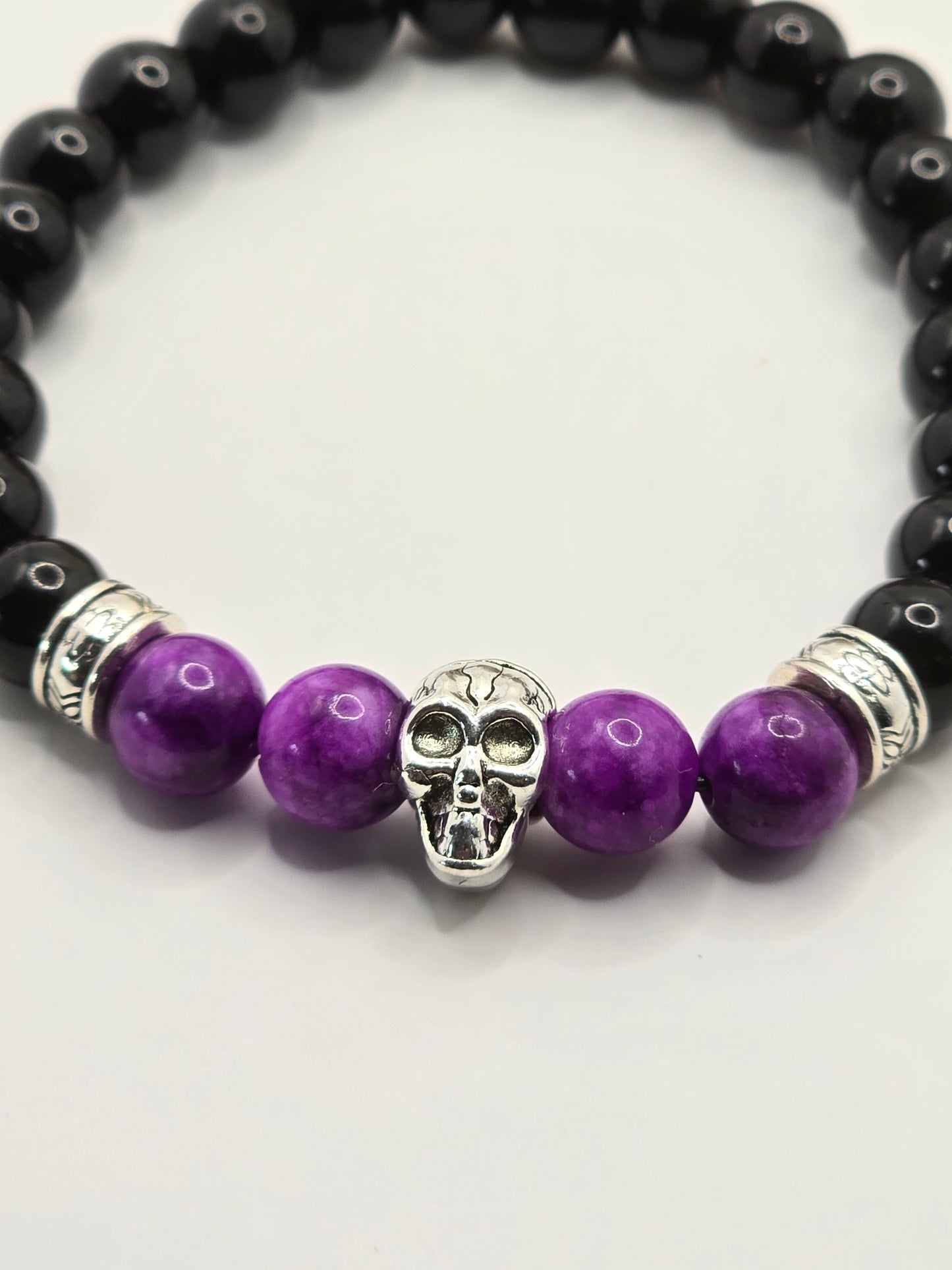 Mens purple beaded skull bracelet - Elastic fit 7" bracelet