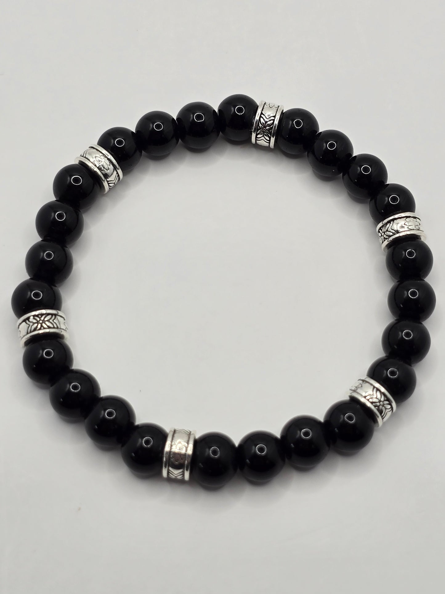 Mens black gloss beaded bracelet - Black stone beads with silver accents