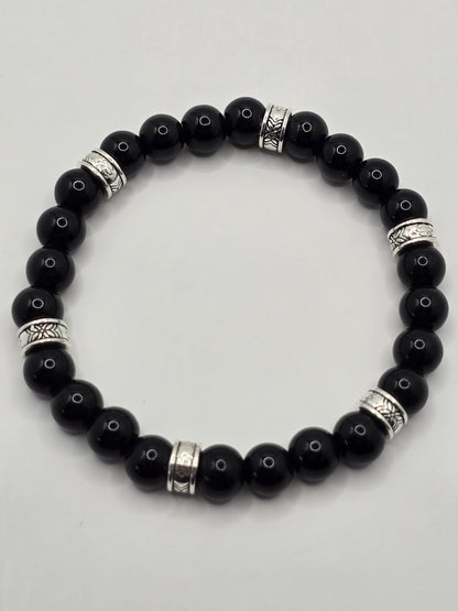 Mens black gloss beaded bracelet - Black stone beads with silver accents