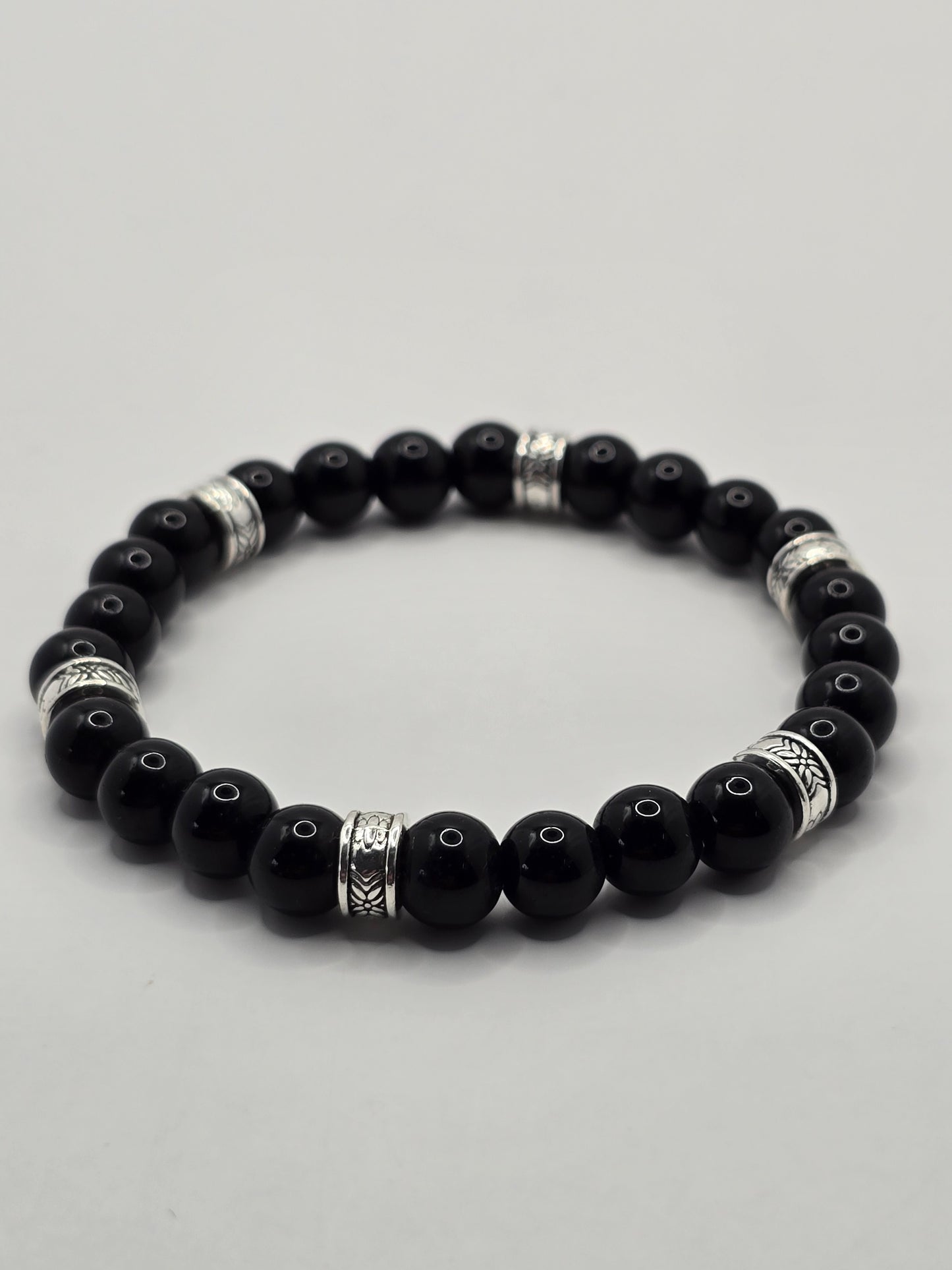 Mens black gloss beaded bracelet - Black stone beads with silver accents