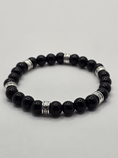 Mens black gloss beaded bracelet - Black stone beads with silver accents