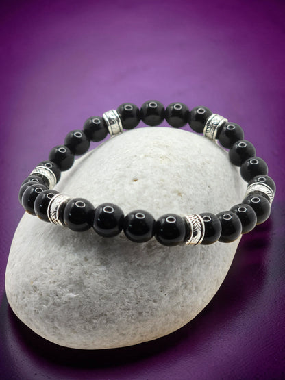 Men's Black Stone Beaded Bracelet with Silver Accents - Glossy Black Beads