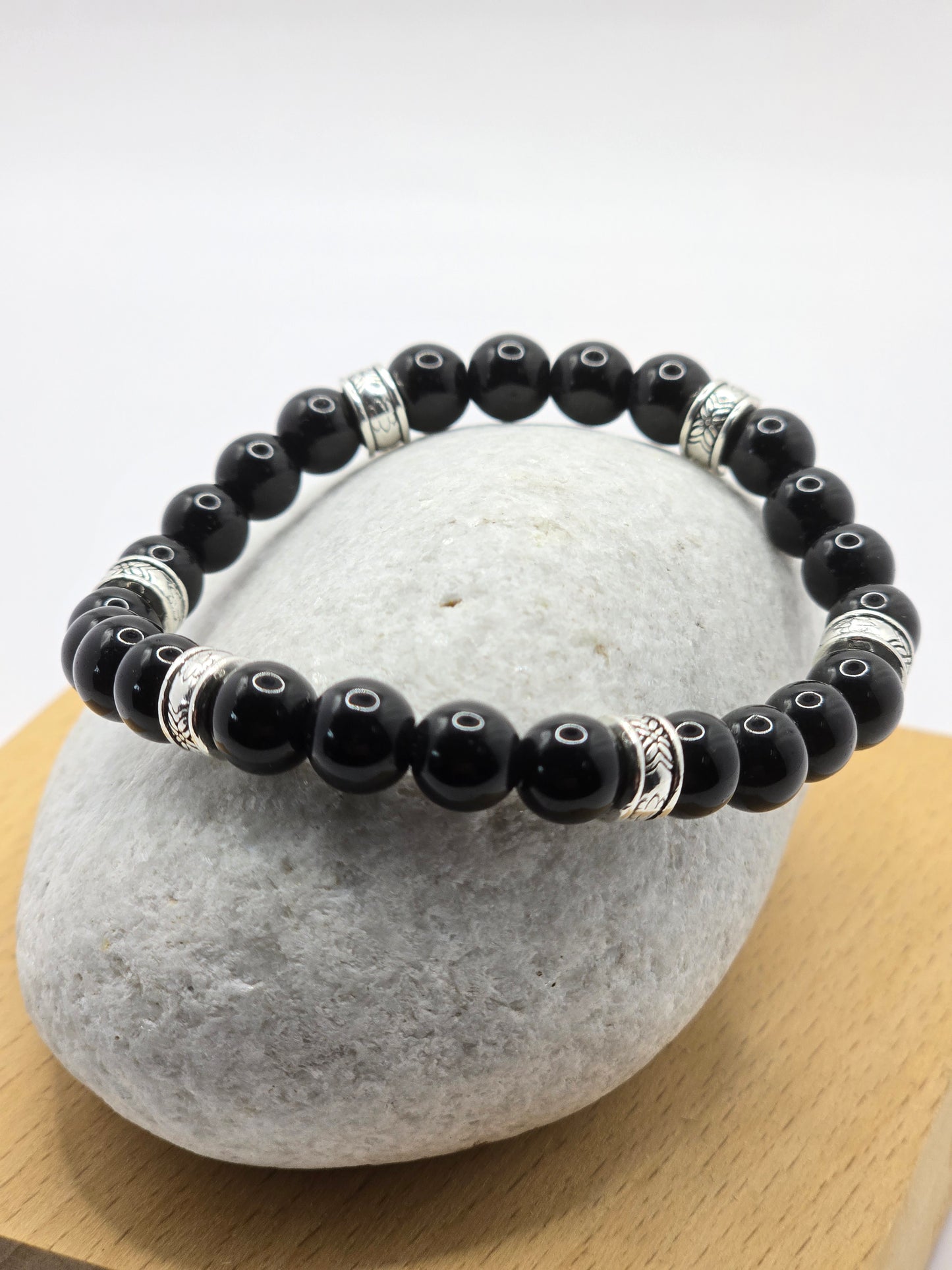 Mens black gloss beaded bracelet - Black stone beads with silver accents