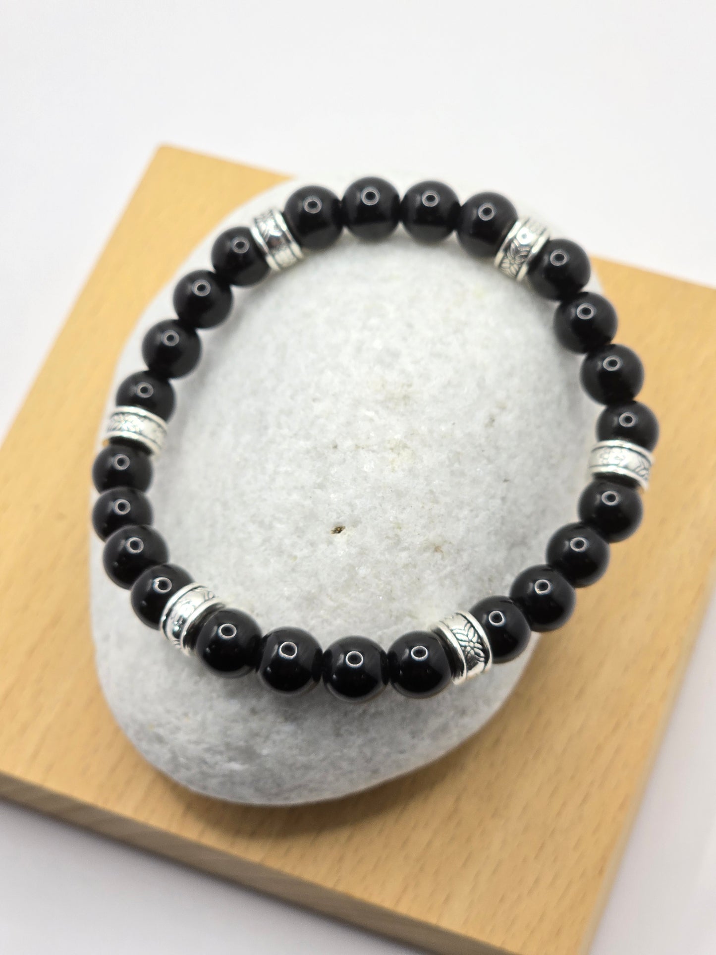 Mens black gloss beaded bracelet - Black stone beads with silver accents