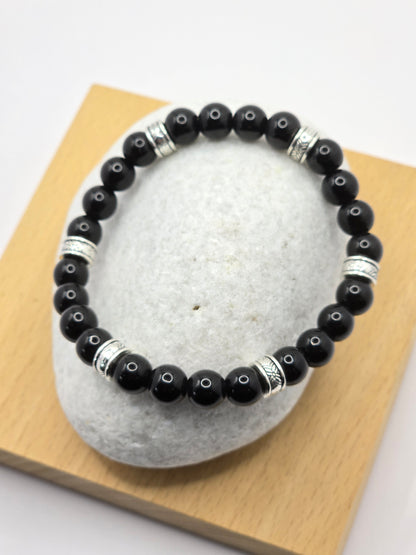 Mens black gloss beaded bracelet - Black stone beads with silver accents