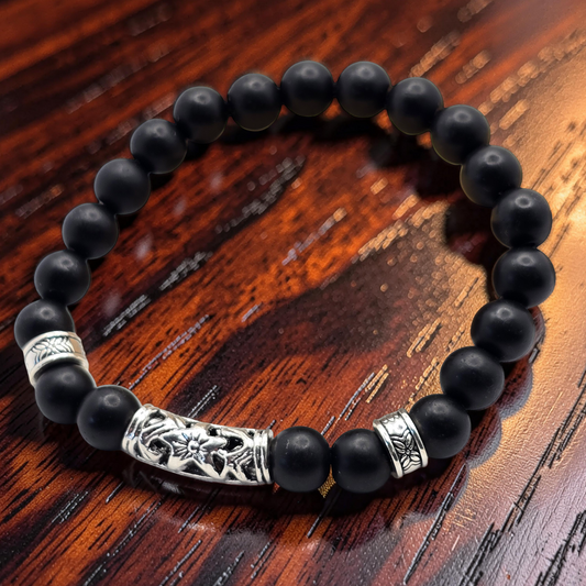 Men's Matt Black Bracelet - 6 Inch Beaded Elastic Design for Smaller Wrists