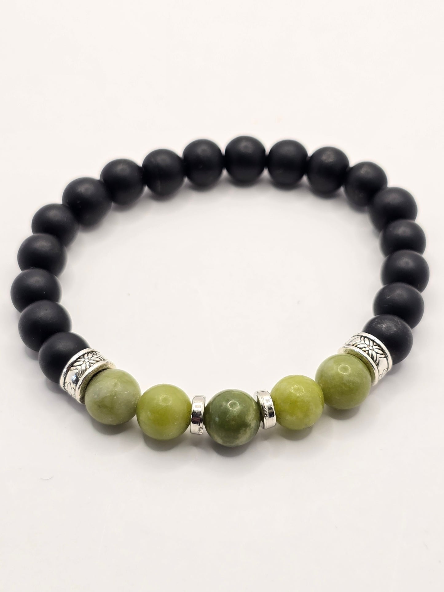 Mens Green and Black Beaded Bracelet - Elasticated band bracelet