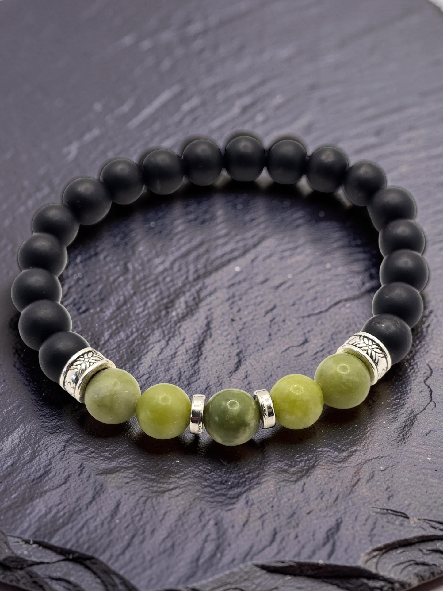Men's Green and Black Beaded Bracelet with Elasticated Band
