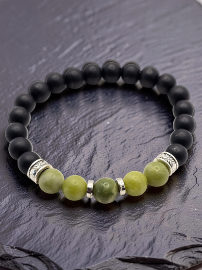 Men's Green and Black Beaded Bracelet with Elasticated Band