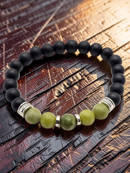 Men's Green and Black Beaded Bracelet with Elasticated Band