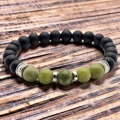 Men's Green and Black Beaded Bracelet with Elasticated Band