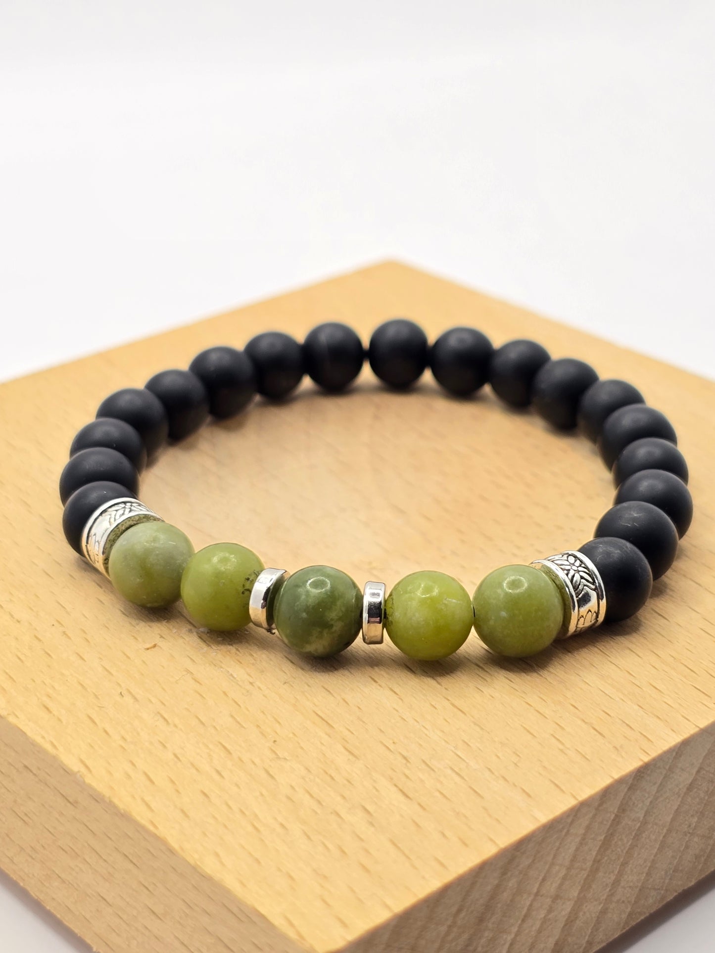 Mens Green and Black Beaded Bracelet - Elasticated band bracelet