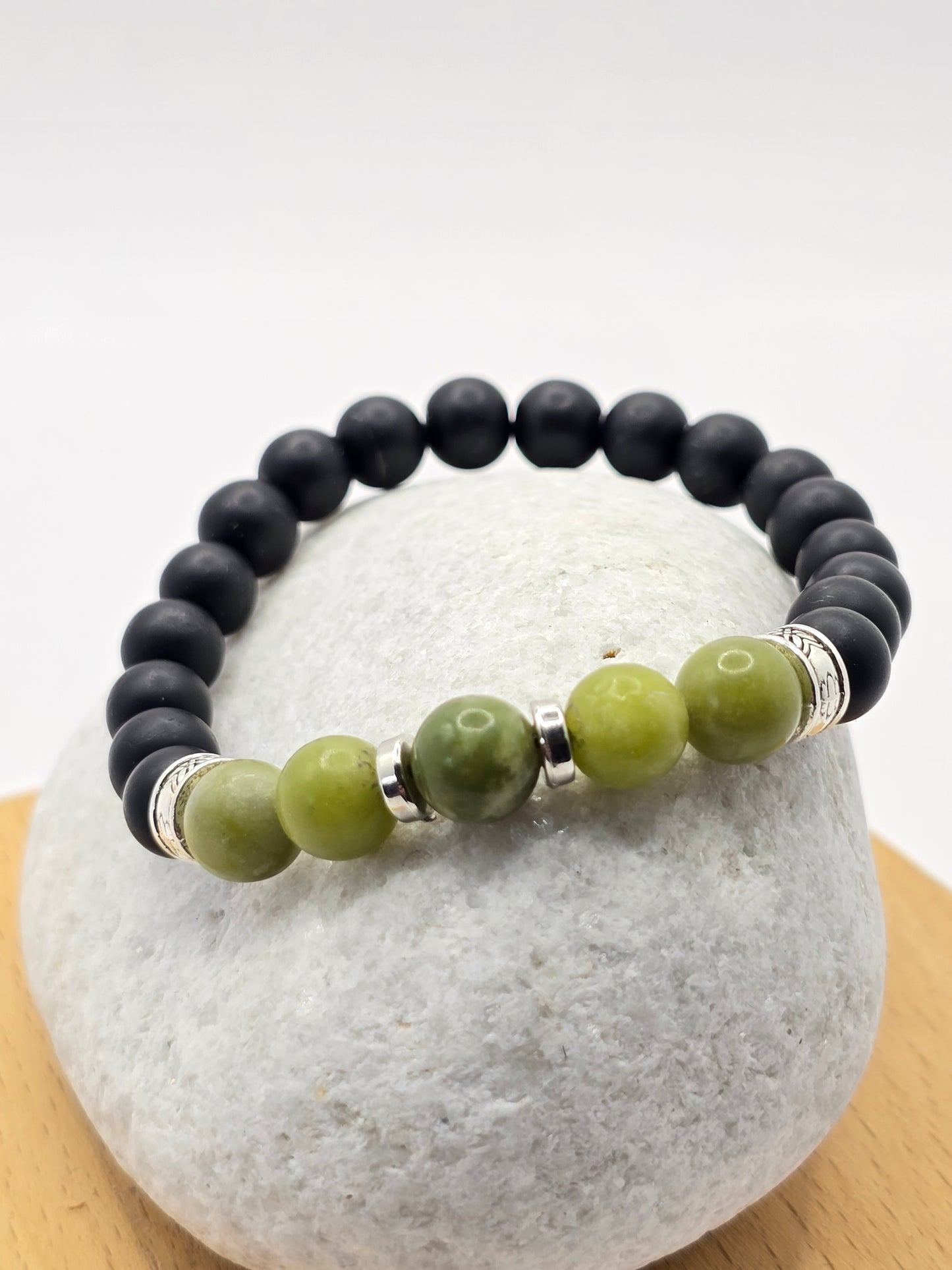 Mens Green and Black Beaded Bracelet - Elasticated band bracelet