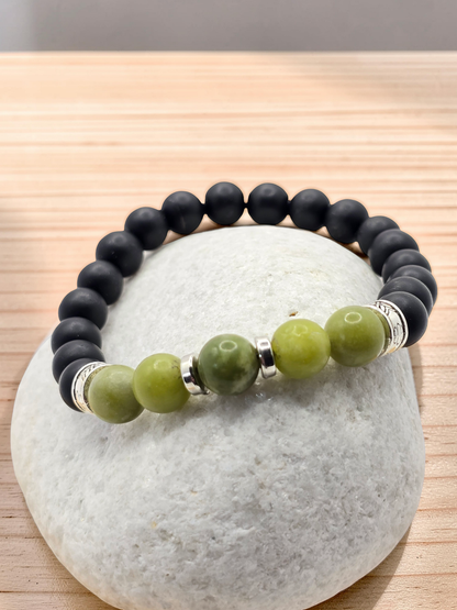 Men's Green and Black Beaded Bracelet with Elasticated Band