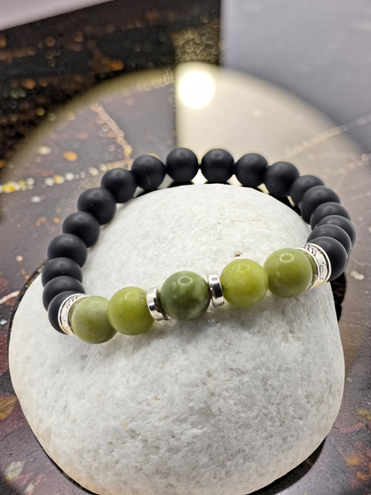 Men's Green and Black Beaded Bracelet with Elasticated Band