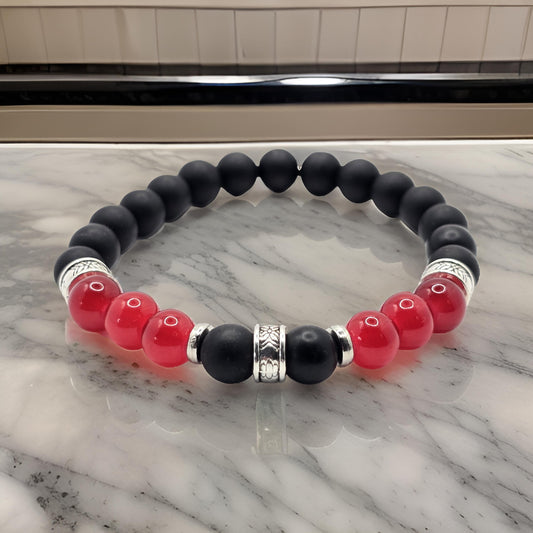 Men's glass beaded bracelet - Handmade black and red elasticated bracelet