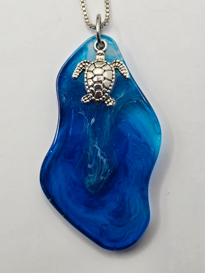 Handmade resin necklace with sea turtle charm and metal box chain