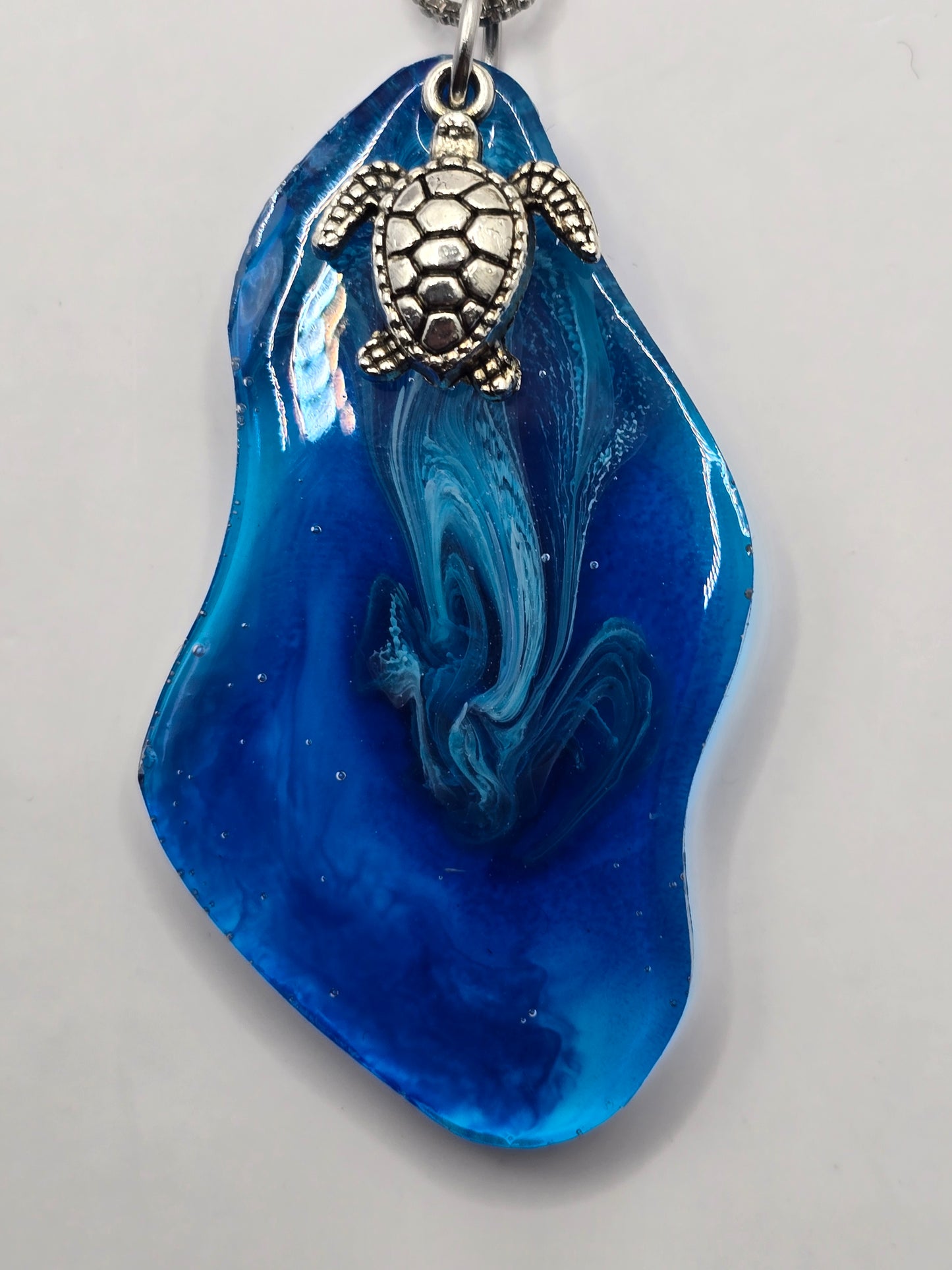 Handmade resin necklace with sea turtle charm and metal box chain