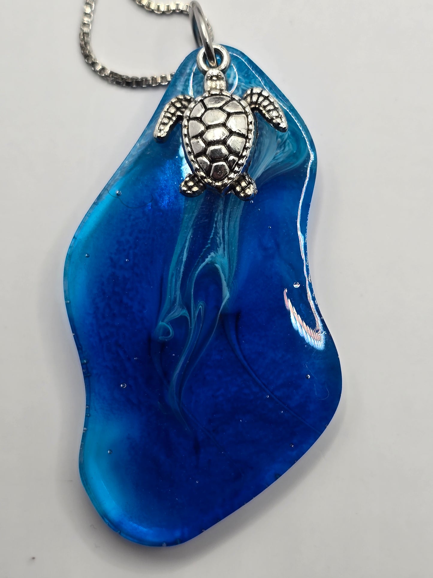 Handmade resin necklace with sea turtle charm and metal box chain