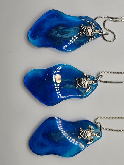 Handmade resin necklace with sea turtle charm and metal box chain