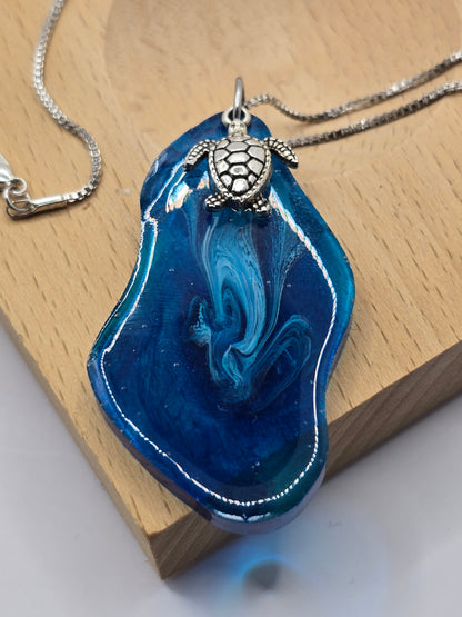 Handmade resin necklace with sea turtle charm and metal box chain