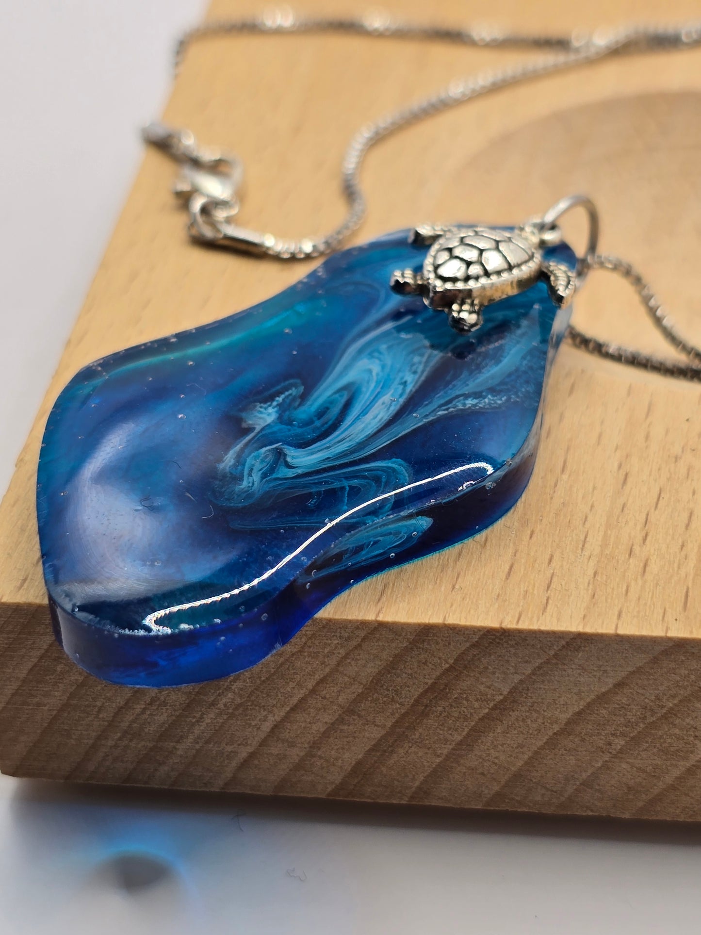 Handmade resin necklace with sea turtle charm and metal box chain