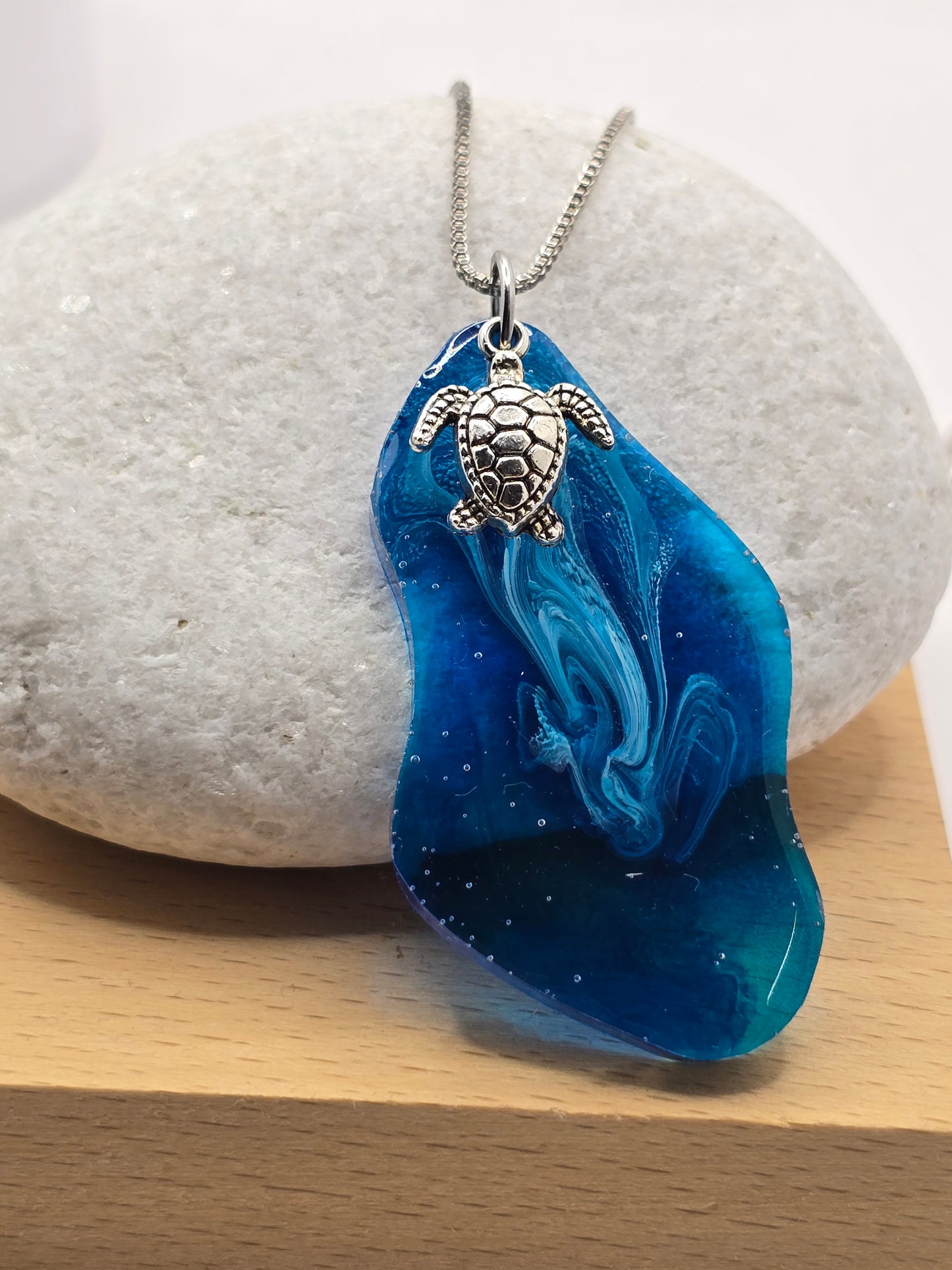 Handmade resin necklace with sea turtle charm and metal box chain
