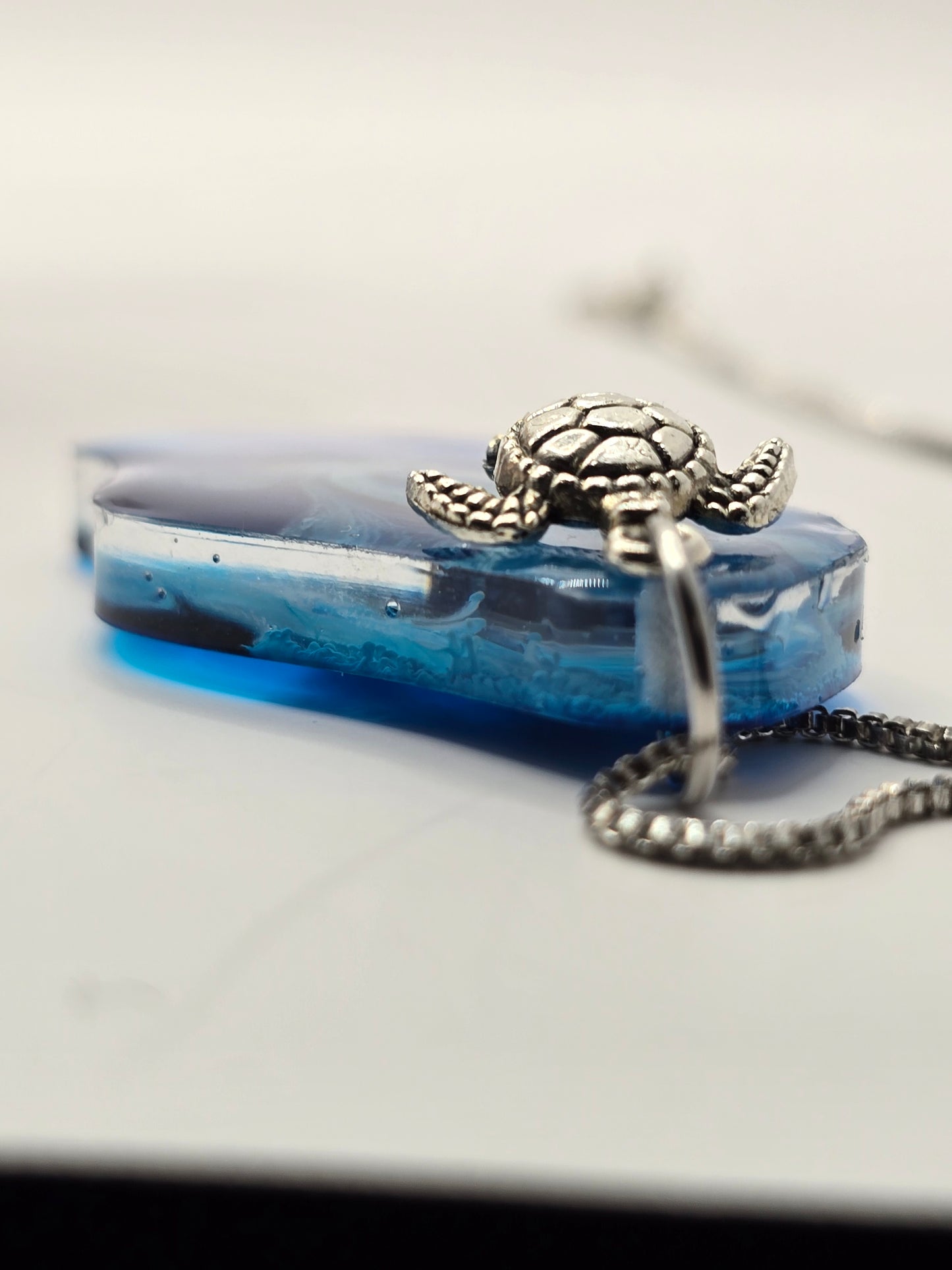 Handmade resin necklace with sea turtle charm and metal box chain