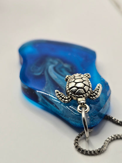 Handmade resin necklace with sea turtle charm and metal box chain