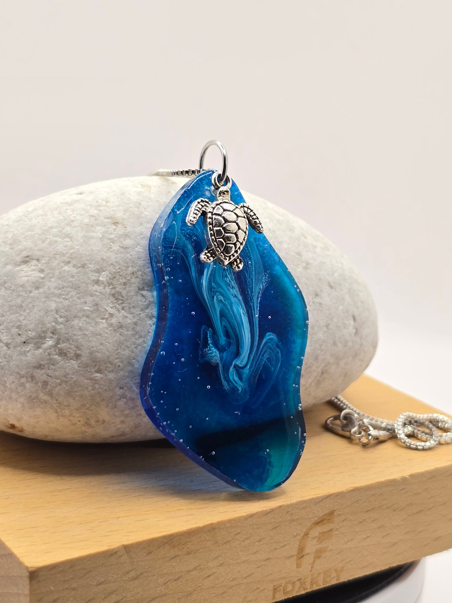 Handmade resin necklace with sea turtle charm and metal box chain