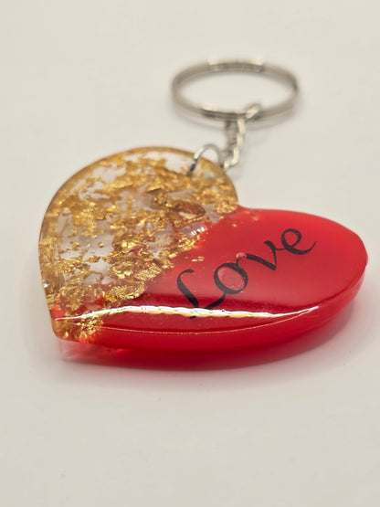 Love Heart Resin Keyring - Red / Gold