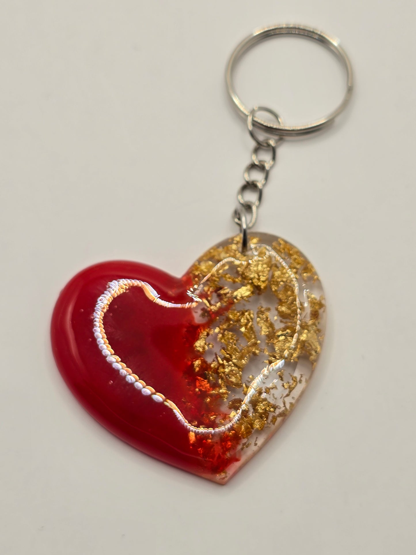 Love Heart Resin Keyring - Red / Gold