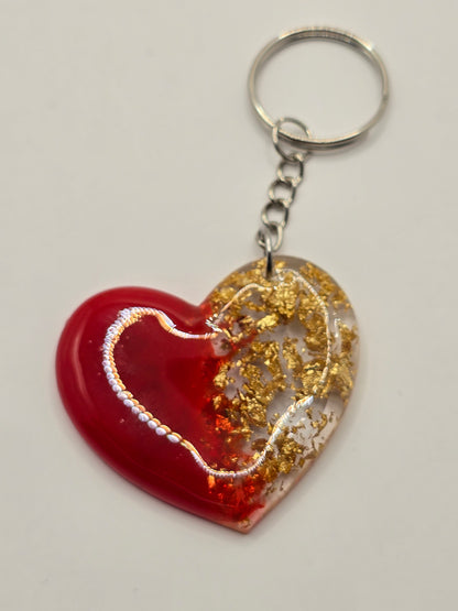 Love Heart Resin Keyring - Red / Gold