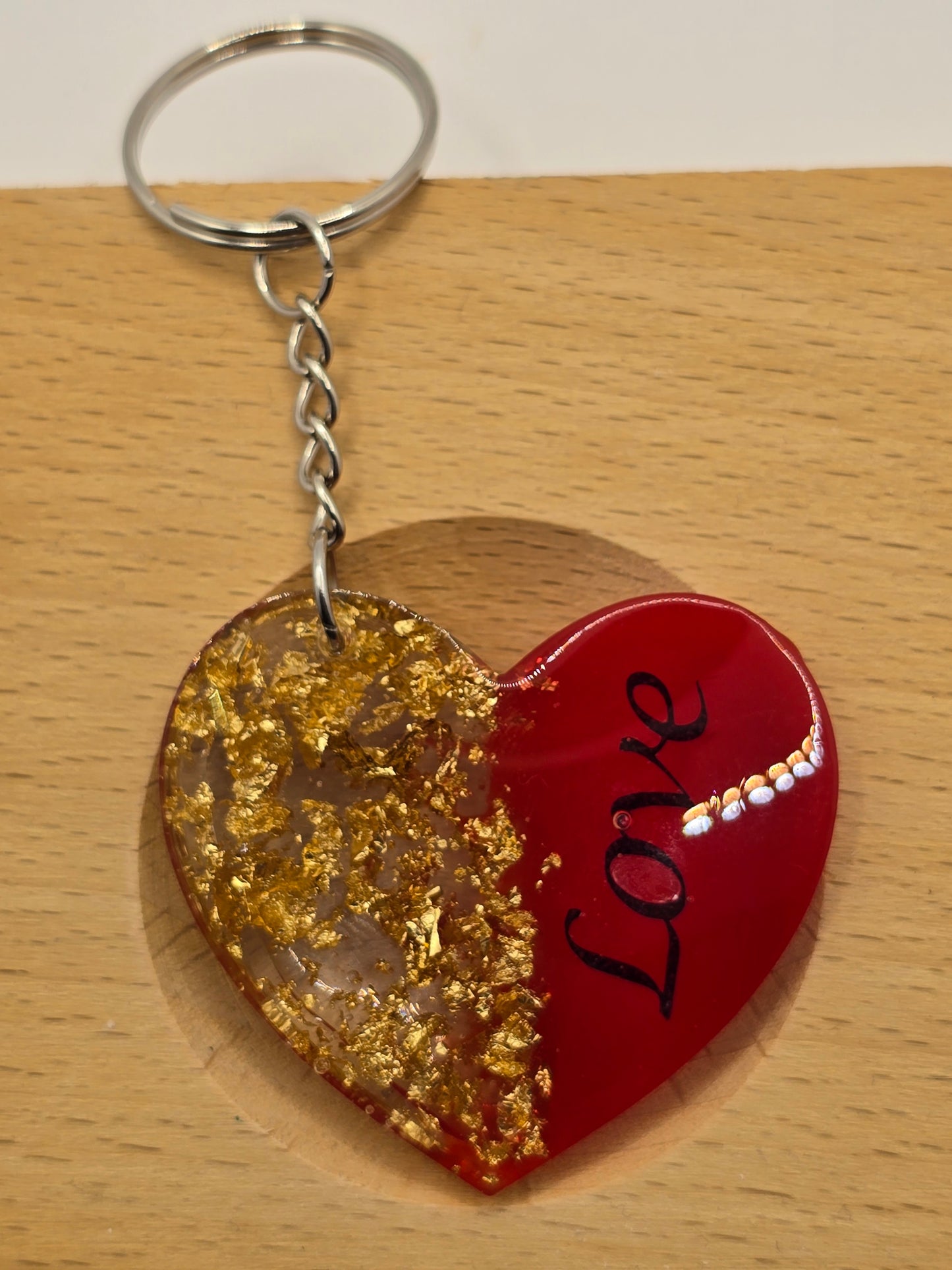 Love Heart Resin Keyring - Red / Gold