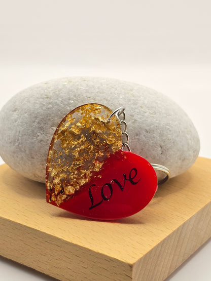Love Heart Resin Keyring - Red / Gold