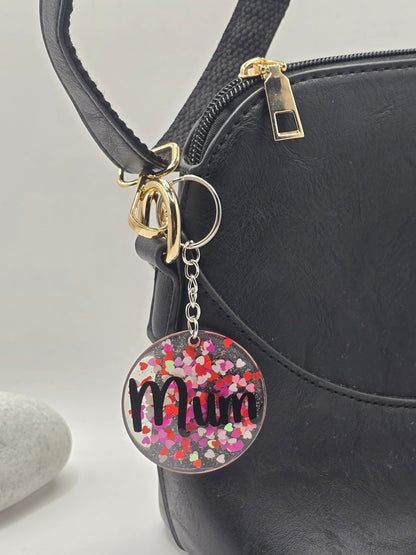 "Mum" Glitter hearts keyring / bag accessory
