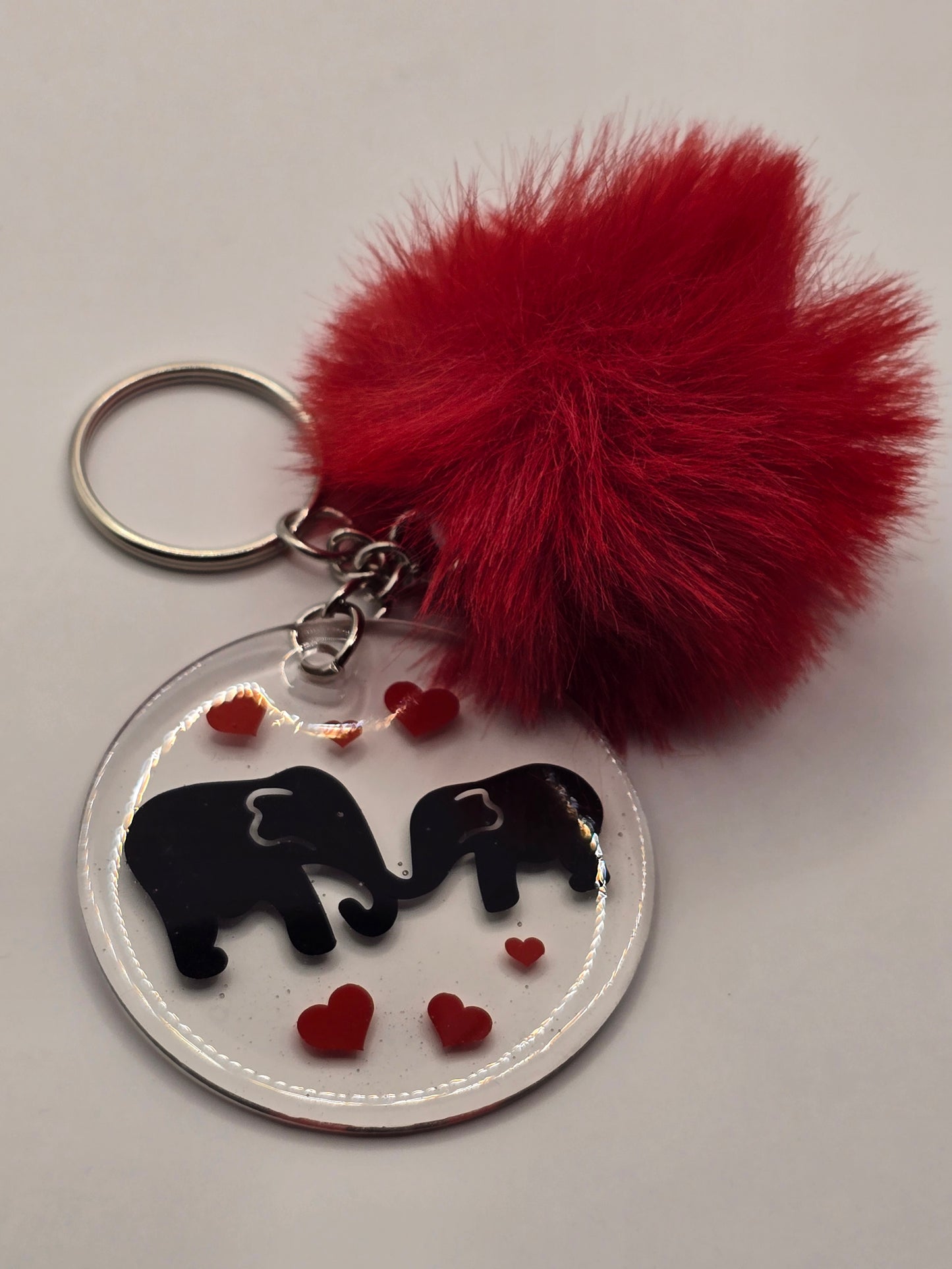 Cute Elephant Love Heart Keyring with Red Pom Pom