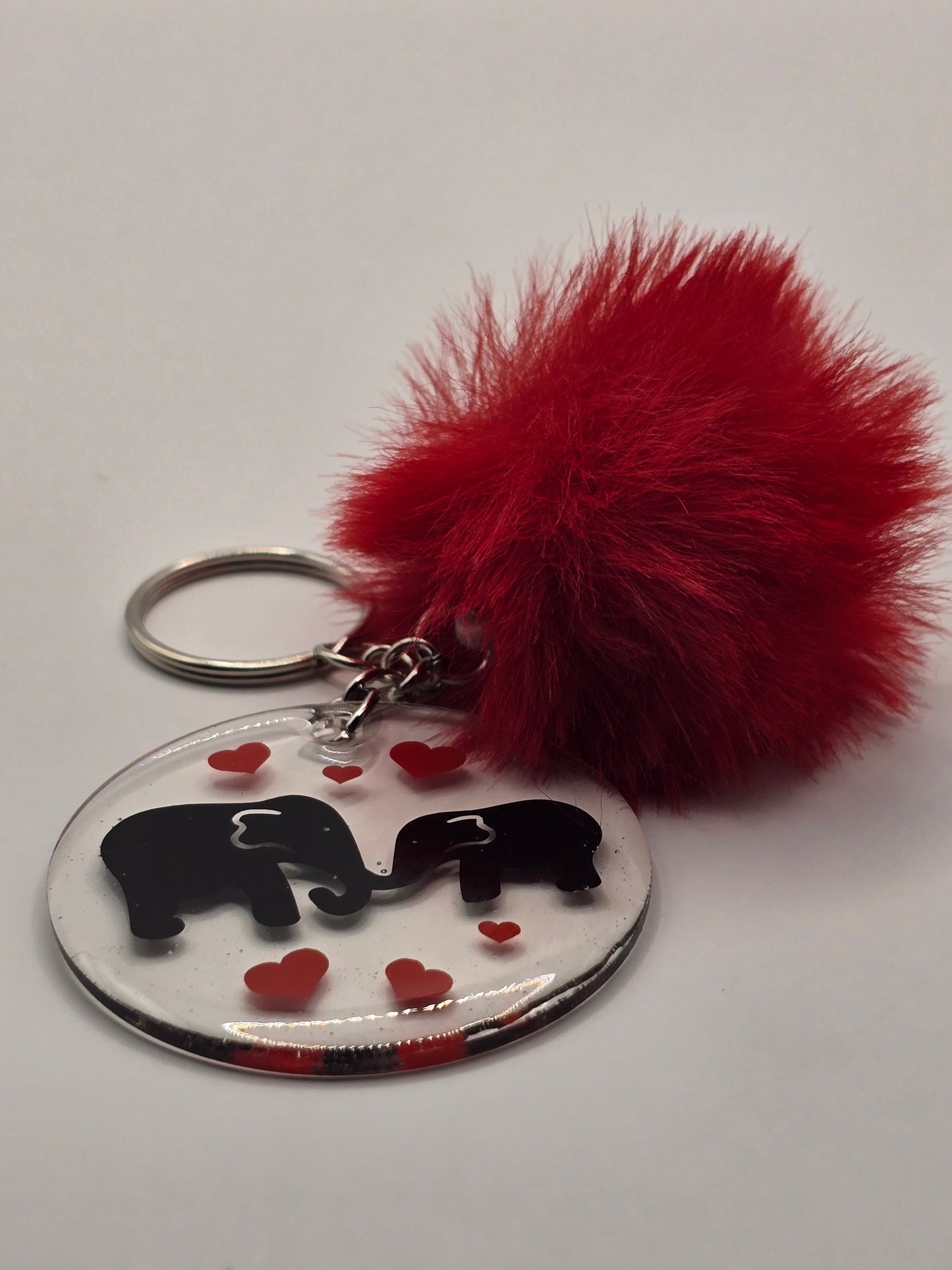 Cute Elephant Love Heart Keyring with Red Pom Pom